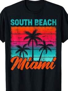 South Beach Miami Vintage Retro Florida Beach Vacation T-Shirt Womens Printed T-Shirt 220g 100 Cotton Retro Fashion Stre - 黑色 - 查看 1