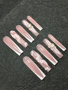 10 Piece 5.5cm Handmade Coffin Shaped Armor, Decorated With Petals And Rhinestones, Suitable For Women And Girls, Gatherings, Festivals, And Daily Wear As A Nail Sticker Set. Nail Accessories, Acrylic Nail Kit, Including Kit, Hand Pressed Nail Art, Fake Nail Stickers, And Nail Supplies. - 彩色 - 查看 3