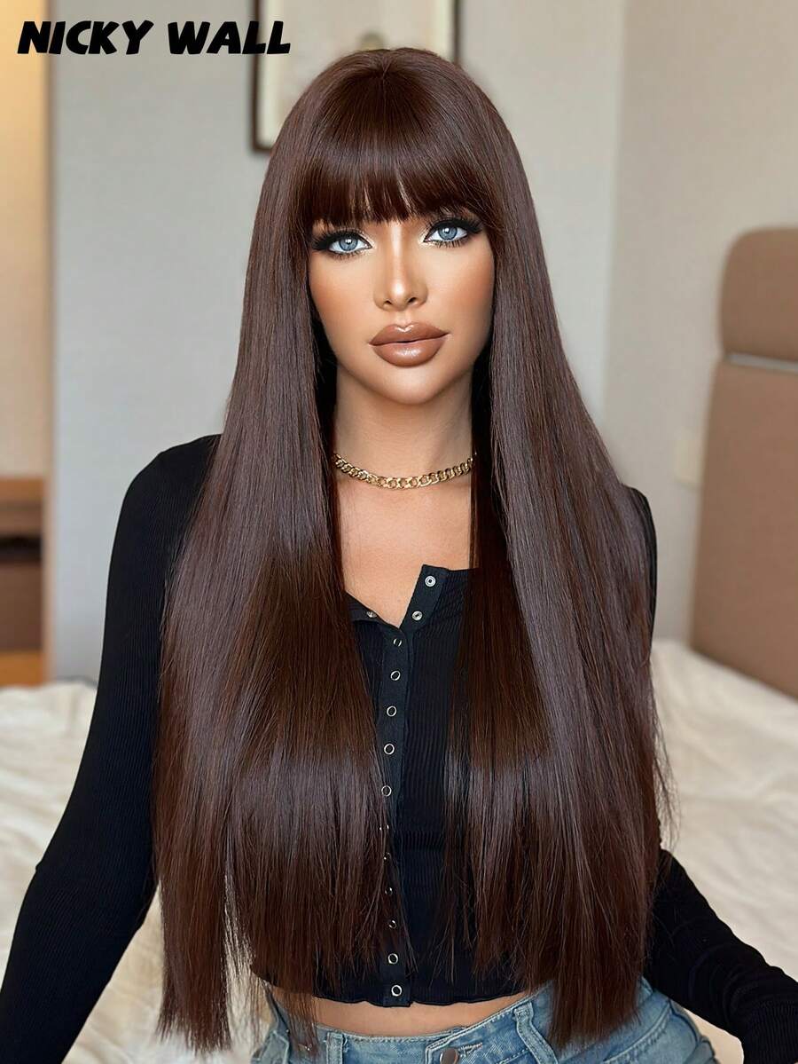Elegant-30 Inch Mocha Brown Wigs For Women, Long Straight Wigs With Bangs, High Quality Soft Synthetic Fiber Wigs For Women Daily Wear, Festival Ready Party Use, Perfect Gift - Beginners Glueless Wig Accessories - 摩卡棕 - 查看 1