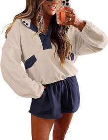 Womens Color Block Two Piece Sets Long Sleeve Oversized Sweatshirts Pullover And Shorts Set Matching Sets With Pockets, 2025 JJYR - Yellow - View 5