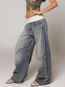 Y2K Women Oversized Wide-Leg Jeans High-Waisted Waist Boyfriend Streetwear Vintage Jeans Wide Leg Denim Pants With Pockets - Xanh cổ điển - Xem 4