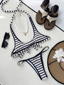 Sexy Textured Striped Contrast Color Tie-Up Vacation Beach Swimsuit Set - Black and White - View 1