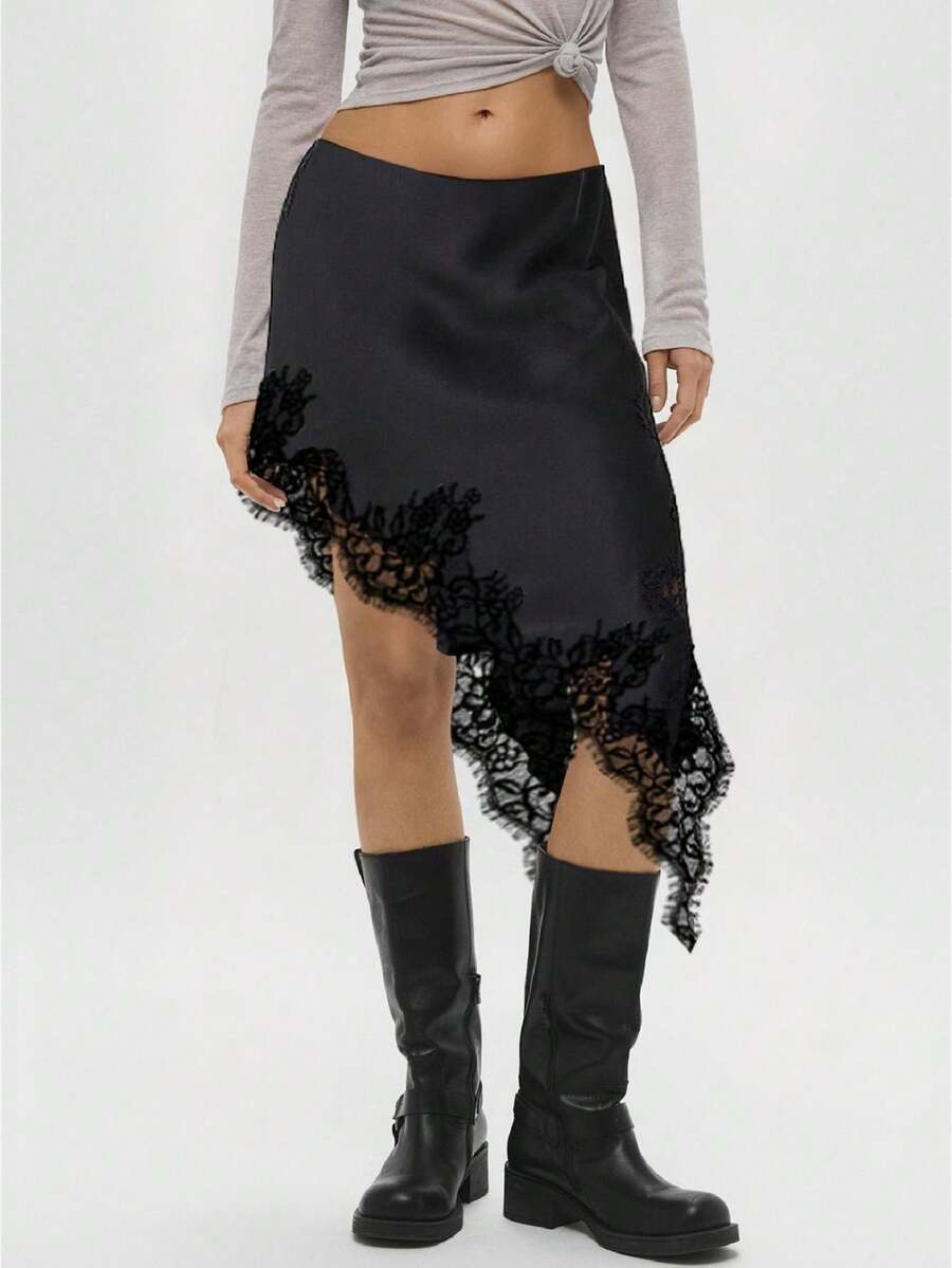 Women Satin Lace Trim Maxi Skirt Y2K Silk Asymmetric High Waisted Patchwork Lace Slip Long Skirt Flowy Midi Skirts - màu đen - Xem 1
