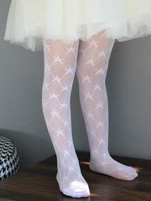 1pc Newborn/Infant Girls Star Pattern Fishnet Tight Leggings, Spring/Summer - White - View 7