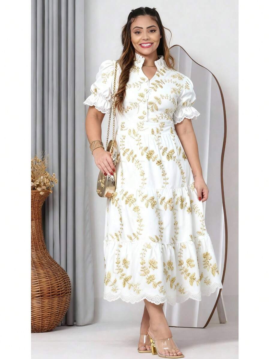 Women's Midi Dress In 3D Lace Fabric With Elastic At The Back, Button Closure At The Front, And Lining. - White Bicolor 3d - View 1