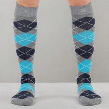 Mysocks Unisex Knee High Long Socks Argyle,8-11,AshNavyTurquoise - 灰色海軍藍綠松石色 - 查看 8