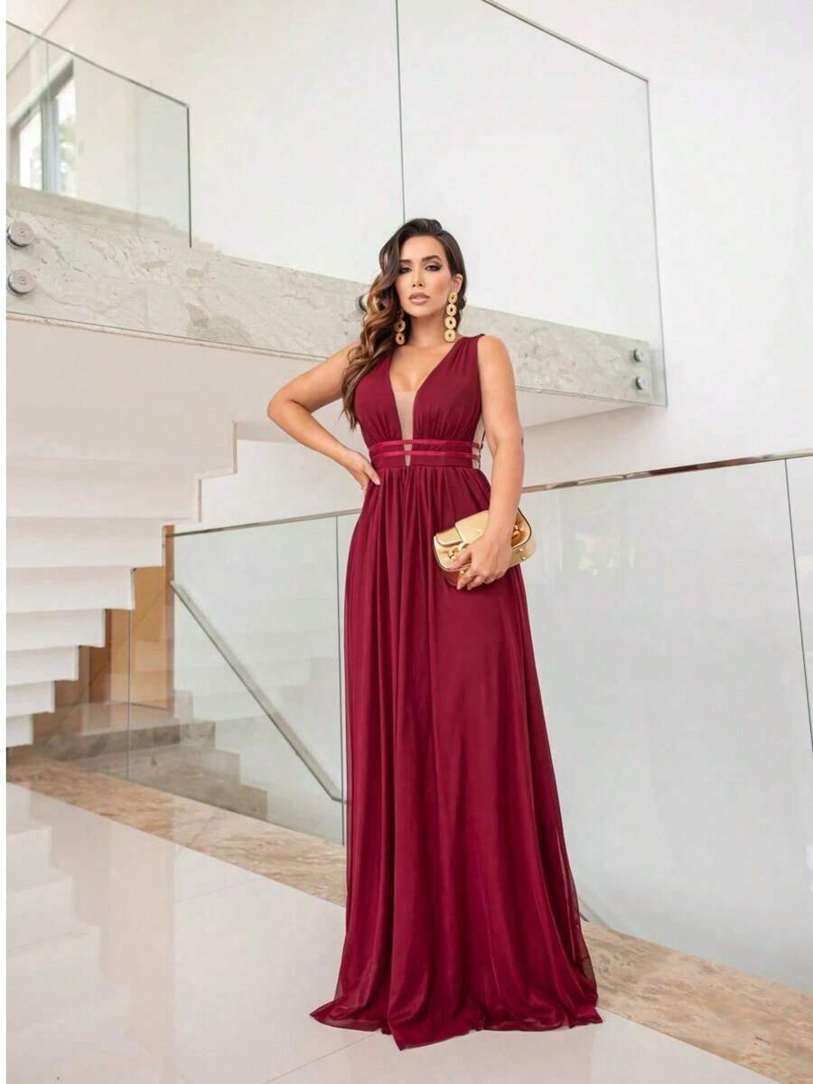 Vestido de Festa em Tule / Decote / Abertura nas Laterais / Longo para Formatura, Madrinha e Convidadas - Vinho - Visão 1