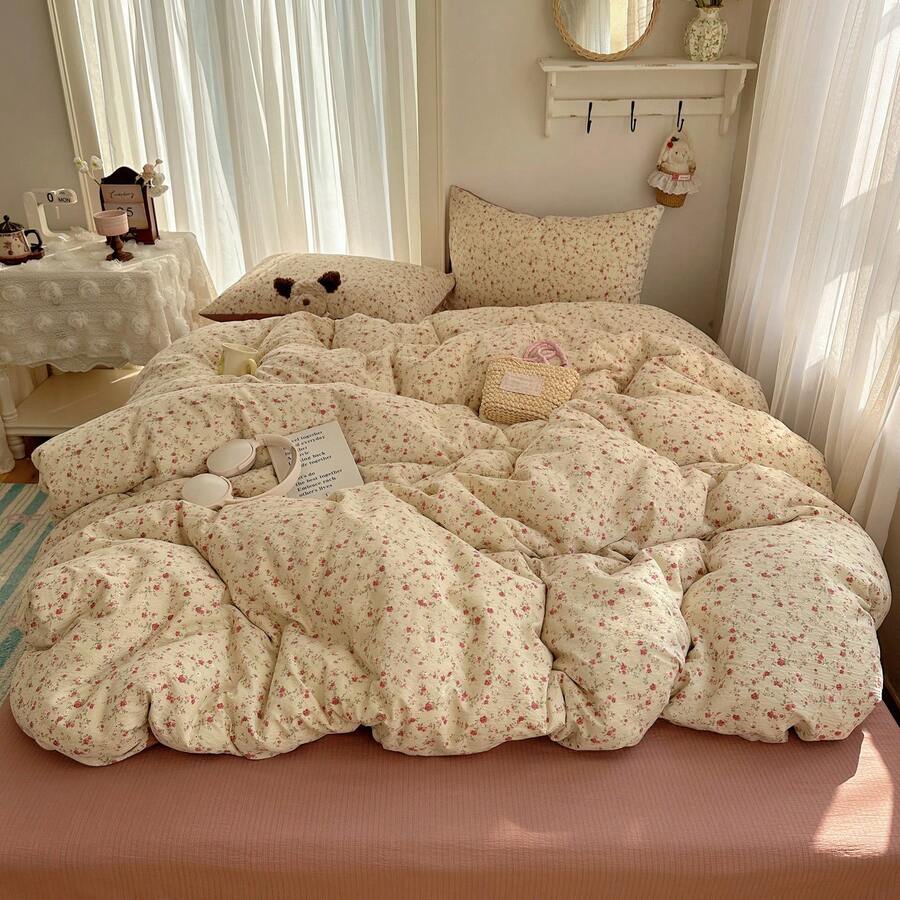 Conjunto de cama floral bege e rosa, estampa floral romântica com pequenas folhas. Inclui 1 capa de edredom, 1 lençol e 2 fronhas. Estilo campestre natural, toque macio, agradável à pele, 100% poliéster, lavável à máquina. - Rosa Rústico - Ver 1