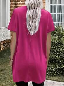 Plus Size Women Casual Summer Top - Short Sleeve, Loose, Pocket Plus Size T-Shirt - Dragonfly Print - Polyester & Spandex Blend - Spring/Summer Collection - Rose Red - View 3