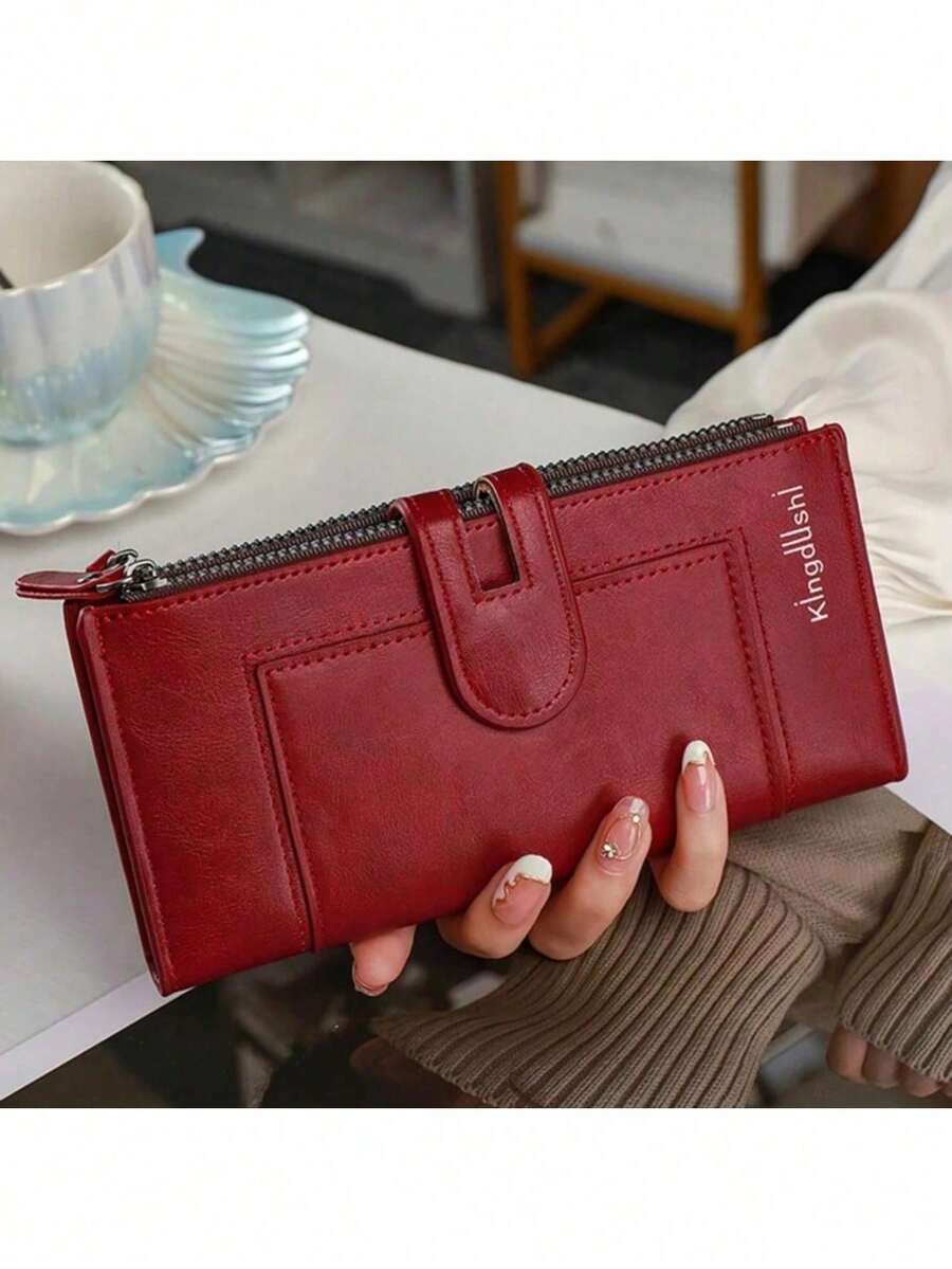 YUQING Cartera Plegable Con Doble Cremallera, Ranuras Para Tarjetas Y Monedero #C113-2 - Rojo - Ver 1