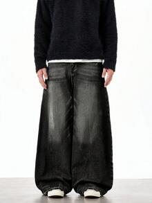 1 pieza Jeans de pierna ancha y corte holgado con lavado vintage de la marca Justice Brother, estilo casual y de pareja (bajo deshilachado) - Negro - Ver 5