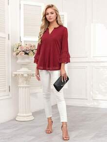 CheersLife Blusa casual/formal para mujer, manga 3/4 acampanada, camisa de malla de doble capa con cuello en V, primavera - Burdeos - Ver 4