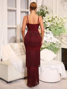 Modphy Sexy Red Sleeveless V-Neck Fringe Patchwork Midi Bandage Dress - Burgundy - View 8