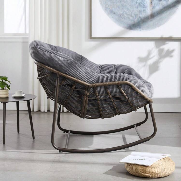 Silla mecedora de ratán para exteriores, silla reclinable con cojín acolchado para exteriores, para porche delantero, sala de estar, patio, jardín. 
 Blanco ZMXS - Gris+Acero+Algodón - Añade 9