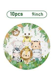 Utensílios de Mesa Safári na Selva com Estampas de Leão, Girafa e Tigre em Pratos, Copos e Guardanapos. Ótimo para Aniversários Infantis, Chás de Bebê e Festas com Tema Familiar. Design Descartável Facilita a Limpeza. - Multicolorido - Visão 11