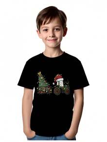 Camiseta de Niño con Estampado de Tractor Navideño con Árbol - Camiseta de Verano de Manga Corta y Cuello Redondo, Lavable a Máquina, Diseño Vibrante de Vacaciones para la Escuela, Reuniones Familiares y Juegos al Aire Libre, Camiseta de Navidad, Ropa Escolar, Diseño Divertido, Ajuste Cómodo - Negro - Ver 1