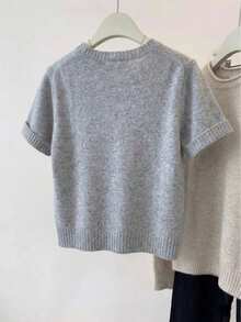 休闲简约灰色针织上衣，短款圆领，落肩短袖，罗纹针织饰边，舒适百搭的夏季单品 - 灰色 - 查看 6