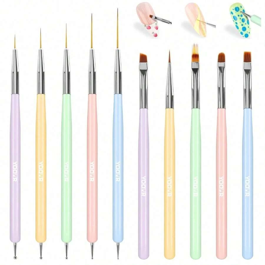 10 Pcs Nail Art Brushes Set, Nail Dotting Tools, French Tip Tool, Nail Art Deign Tools with Builder Gel Brush Polish Extension Brush Thin Liner Detail Painting Brushes, Nail Tech Supplies Kit - por defecto - Ver 1