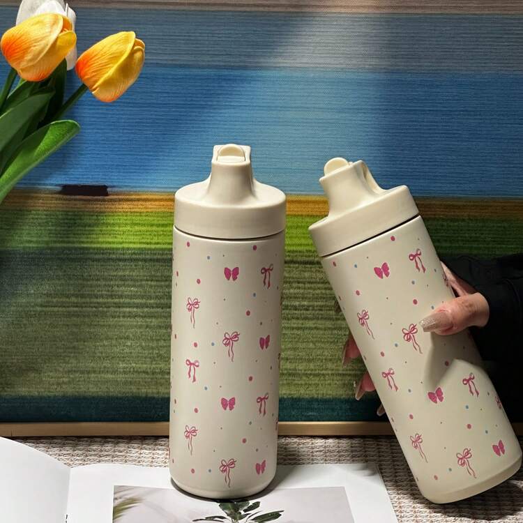 1 件 550ml/18.6oz 不锈钢真空保温水瓶，防漏翻盖设计，蝴蝶结和郁金香图案旅行杯 - 适合健身房、户外、汽车使用、手洗、可重复使用、送给女士和女孩的礼物、趣味图案、运动水瓶 - 米色 - 查看 9