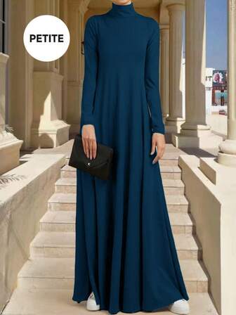 Lässiges Midi-Kleid mit hohem Kragen und Langarm für kleine Frauen, Kleid im Stil des Nahen Ostens