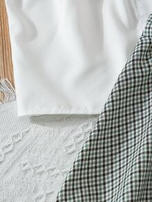 Girls Casual Daily Fashion White Mandarin Collar Sleeveless Embroidered Floral Ruffle Blouse + Black & White Plaid Bow Midi Skirt Chic Commuter Outfit - White - View 5