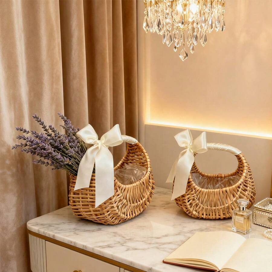 2-Pack Bohemian Style Crescent Woven Rattan Handmade Rattan Basket With 6.69*6.50*4.33in Wedding Flower Girl Blue Ribbon Handle & Lining, Handheld Picnic Storage Basket, Bathroom Storage Decoration, Rustic Home Storage - 原色 - 查看 1