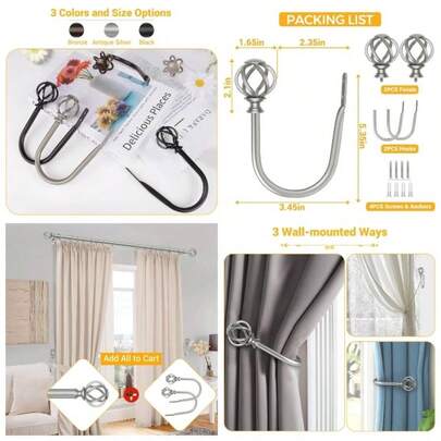 - Paquete de 2 alzapaos decorativos para cortinas de ventana 2 paquetes/1 par, ganchos para cortina para pared con remates trenzados plateados antiguos 3.5 pulgadas de largox 5.3 pulgadas