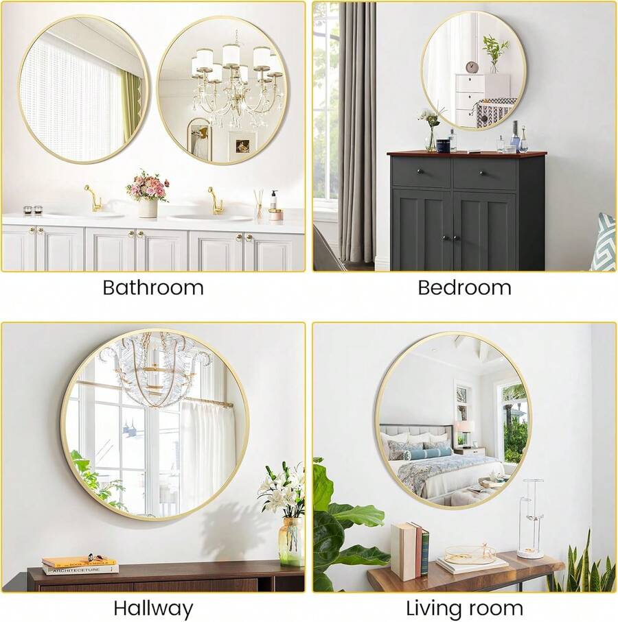 Espejo redondo de aleación de aluminio de 61 cm, de alta definición, ecológico, negro, para baño, sobre lavabo, pared, entrada, baño, tocador y sala de estar. - Dorado - Ver 1