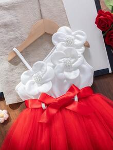 Đầm chữ A phối lưới, dây mảnh, họa tiết hoa 3D kẻ sọc, thích hợp cho bé gái mặc hàng ngày, ở nhà, ngoài trời, thể thao, mùa xuân/hè. - Đỏ và trắng - Xem 3