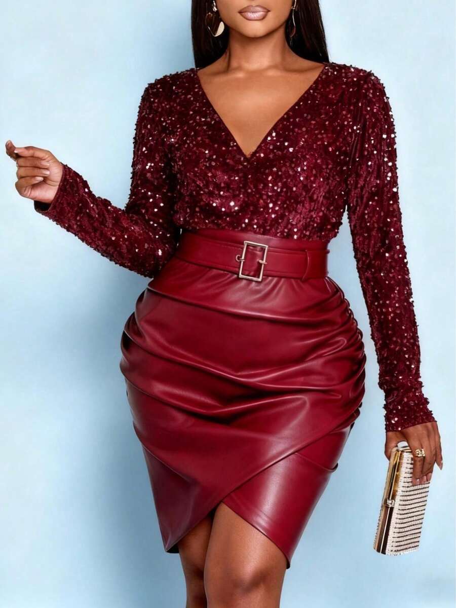 GLOURI Women's Party Bodycon Midi Dress Colorblock Long Sleeve V-Neck Sequin And Faux Leather Pencil Dress For Formal Evenings - 酒紅色 - 查看 1