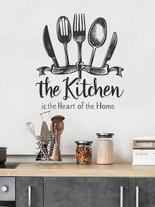 Creative English Slogan Kitchen Utensil Pattern Self-Adhesive Wall Sticker, 3D Utensils Kitchen Wall Decals Peel And Stick PVC Waterproof Cooking Theme, Used For Kitchen And Restaurant Home Decoration, Wall Art Sticker Kitchen Decor - Multicolor - View 3