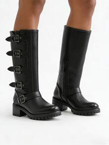Fashion Riding Knee High Boots For Women Round Toe Mid Chunky Heel Buckle Side Zipper Wide Calf Boots Winter Outdoor Footwear For Women - 黑色 - 查看 7
