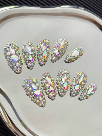 Uñas postizas en forma de almendra hechas a mano con puntas multicolor e incrustaciones irregulares de cristales AB, con patrones de explosión de brillo 3D y diseños inspirados en Y2K - Uñas postizas de cobertura completa DIY con brillo para conciertos, raves, discotecas y declaraciones de moda audaces - 10 piezas/bolsa
