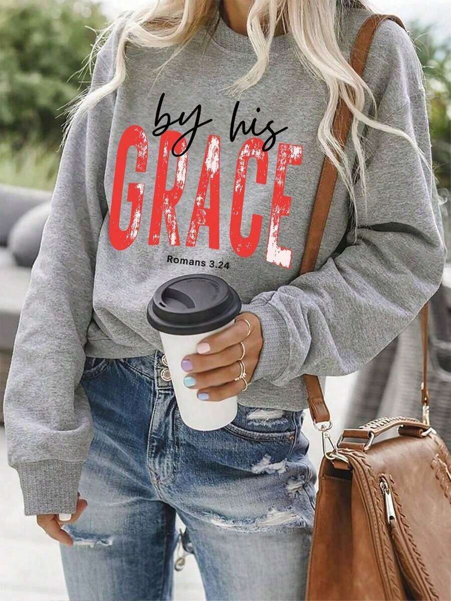 2026 TopsNew Women's Sweatshirt Christian Faith Sweatshirt For Women - By His Grace Romans 3:24, Bible Verse Print, Soft Crew Neck Pullover With Red Letters, Comfortable Fit, Inspirational Design, Seasonal Fashion, Cozy Autumn And Winter Casual Clothing, Comfortable Fit For Church For Women Loose And ComfortableLoose And Comfortablewinter Clothes For Women - Gray - 查看 1