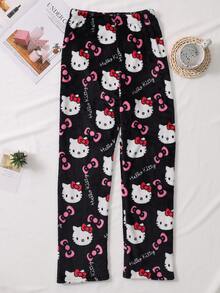 SANRIO 两件套可爱柔软毛绒睡衣套装，卡通印花加厚保暖长裤+上衣，黑色保暖休闲家居服套装，适合春、秋、冬季穿着，卡通动漫图案，时尚派对礼物，适合送给朋友、女朋友、情侣，也适合返校、感恩节、新年等节日礼物。 - 黑色 - 查看 2