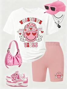 Bộ đồ 2 món phong cách Valentine cho bé gái, áo thun in hình và quần short biker, chất liệu mềm mại và thoải mái, trang phục thường ngày năng động cho tuổi teen. - trắng - Xem 2