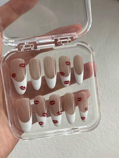 10PCS Long Almond Press On Nails: Retro Red Lip Design, Nude Brown & White French Manicure Style, Handmade Fake Nails For Women - Reusable Artificial Nails With Star Rhinestones, Includes Jelly Glue & Professional Nail File For Easy Application Nail Supplies