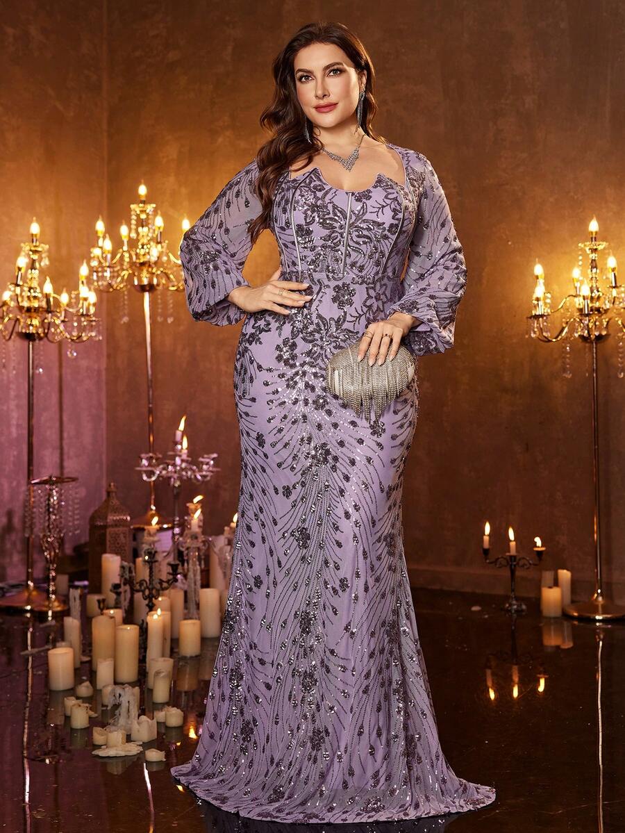 XUIBOL Plus Size Women Elegant Long Sleeve Sweetheart Neck Mermaid Sequin Formal Evening Gown With Zipper Detail
