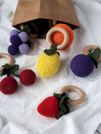 1个手工钩编水果摇铃，带木环，手工钩编婴儿摇铃，新生儿磨牙玩具，婴儿礼物
