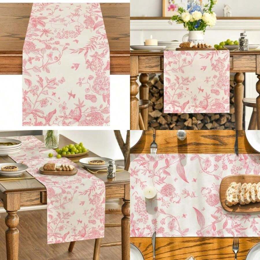 Artoid Mode - Camino de Mesa con Diseño Monocromático de Bosques, Pájaros y Flores para Decoración de Estaciones ,Primavera, Verano, Otoño, en Comedor, Cocina y Fiestas del Hogar, 13 x 72 Pulgadas(13" x 72", Table Runner Rosa) - Multicolor - Ver 1