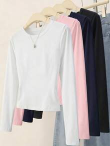4pcs Women's Solid Color Round Neck Long Sleeve Cropped Fitted Long Sleeve T-Shirt, Fall Clothes For Women, Long Sleeve Tops, White Shirt, Youngboy Shirt - Black + White + Navy Blue + Pink - View 4