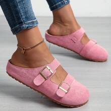 Suede Double Buckle Mule Slippers, Flat Closed-Toe Half-Slippers, Sweet And Cool Casual Everyday Slip-On Shoes. - 粉色 - 查看 3