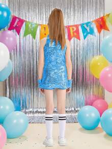 LONTAKIDS Girls Sequins Dance Clothes Dress 4-12 Yrs Sparkle Hip Hop Jazz Dance Outfit, Sleeveless Top And Shorts - 淺藍色 - 查看 3