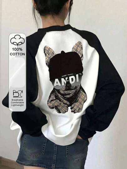 女式棉质拼色插肩袖 T 恤，印有可爱狗狗字母图案，休闲基本款分层长袖宽松百搭 T 恤，适合日常穿着和通勤