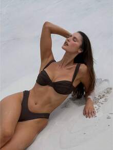 Women's Bandeau Ruched Bikini Set Colorblock High Cut Cheeky Two Piece Swimsuit Bathing Suits - Mocha Brown - View 2