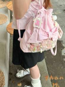 1pc Cute Sweet School Style Large Capacity Canvas Drawstring Backpack With Transparent Badge, Bowknot & Starry Design, Suitable For Daily, Commute, Party - Multicolor - View 2