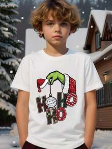 2025 Young Girls' Boys' Christmas T-Shirt, New Year Clothes, Young Boy's Christmas "Ho Ho Ho" Funny Santa Hat Green Monster Hand Holding Silver Christmas Ball 100% Cotton Graphic Tees,Merry Christmas Boys Winter Clothes,Boys Christmas Outfit,Black Round Neck Letter Print T-Shirts,Festive Kids Xmas Outfit,Machine Washable,Christmas Vibes, Toddler Cartoon Tee, Tween Boys Clothing,Gifts For Christmas Parties & Santa Claus Gift, Funny,Soft Breathable Kids Clothes Boy's.Size From 4Y-16Y, Sports T-Shirts, Children's T-Shirt, Ropa De Niña, Girls' Clothing, Girls' Tops, Perfect Christmas & Holiday Gift For Boys And Girls - White - View 1