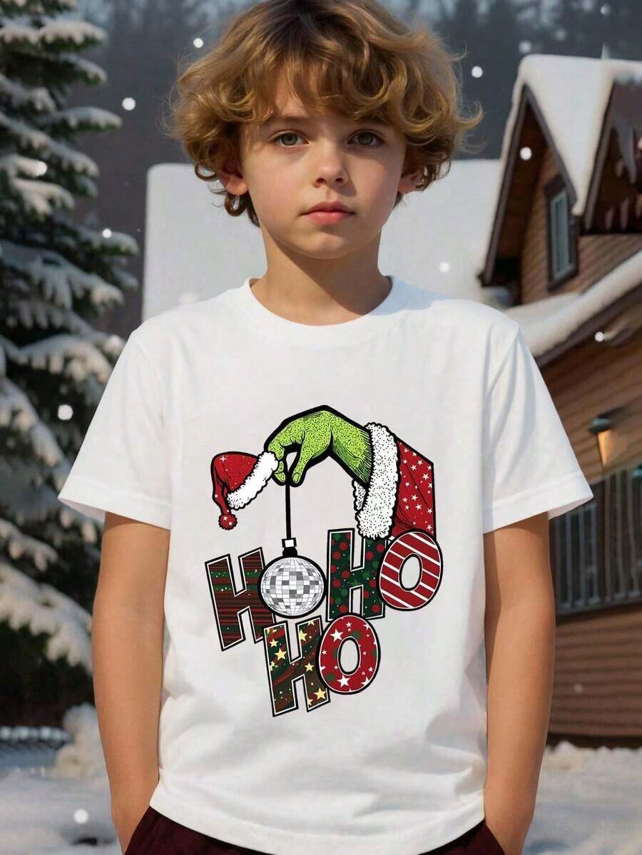 2025 Young Girls' Boys' Christmas T-Shirt, New Year Clothes, Young Boy's Christmas "Ho Ho Ho" Funny Santa Hat Green Monster Hand Holding Silver Christmas Ball 100% Cotton Graphic Tees,Merry Christmas Boys Winter Clothes,Boys Christmas Outfit,Black Round Neck Letter Print T-Shirts,Festive Kids Xmas Outfit,Machine Washable,Christmas Vibes, Toddler Cartoon Tee, Tween Boys Clothing,Gifts For Christmas Parties & Santa Claus Gift, Funny,Soft Breathable Kids Clothes Boy's.Size From 4Y-16Y, Sports T-Shirts, Children's T-Shirt, Ropa De Niña, Girls' Clothing, Girls' Tops, Perfect Christmas & Holiday Gift For Boys And Girls - White - View 1