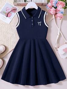 Đầm casual không tay cổ polo, khóa kéo nửa thân, nơ, dành cho bé gái tuổi teen - Xanh đậm - Xem 1