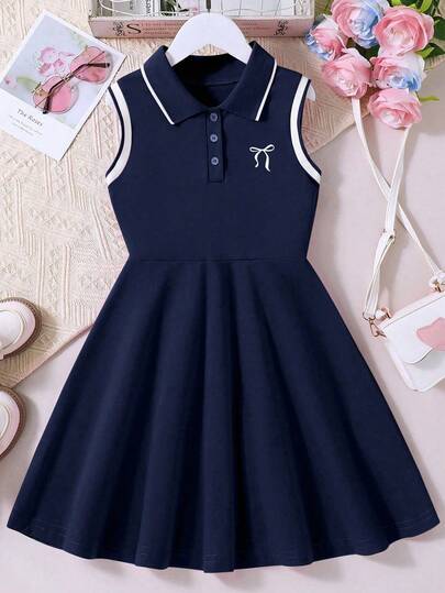 Đầm casual không tay cổ polo, khóa kéo nửa thân, nơ, dành cho bé gái tuổi teen
